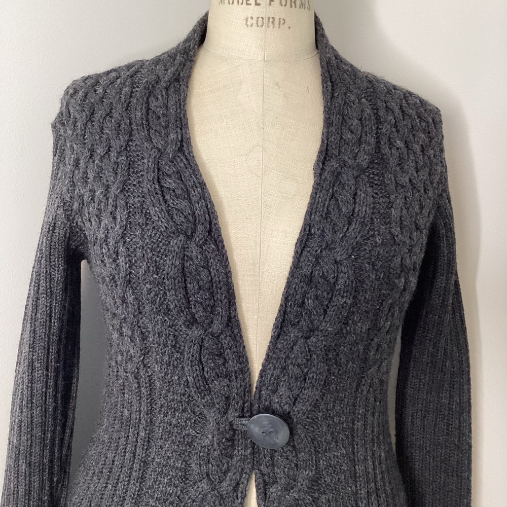 MADE IN IRELAND Inis Crafts One Button Wool Sweater Cardigan Jacket Black Large - Picture 2 of 6